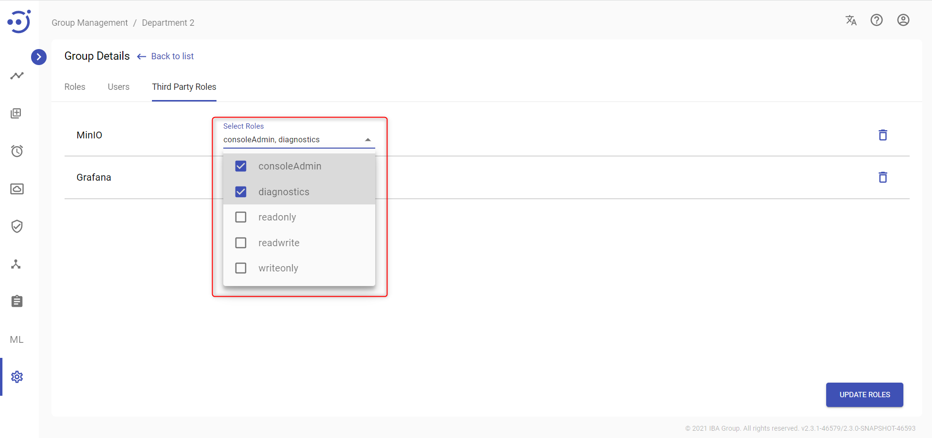 MinIO dropdown